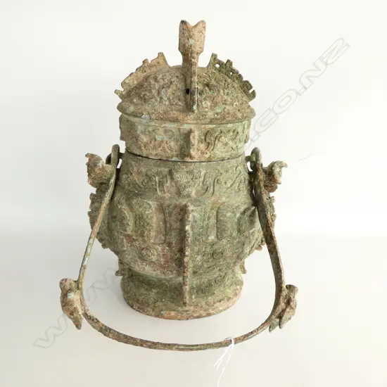 CHINESE BRONZE ARCHAIC-STYLE SWING HANDLED URN, H.310mm