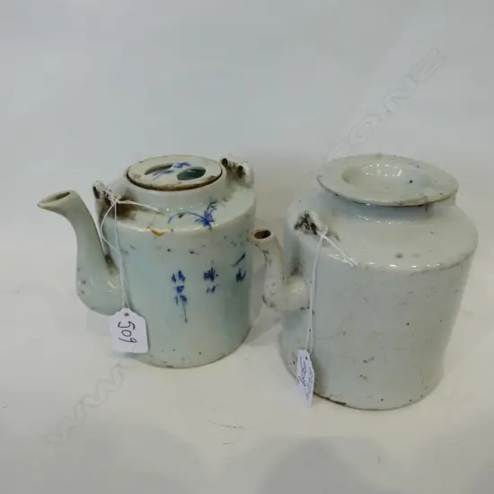 2 OLD CHINESE TEAPOTS 1 B&W NO HANDLES
