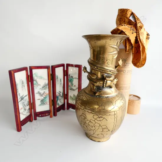 SMALL CHINESE SCREEN, BRASS VASE & SILK SCARF