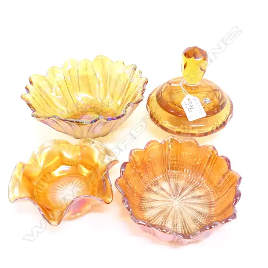 3 PCES ORANGE CARNIVAL CARNIVAL GLASS + LIDDED DISH