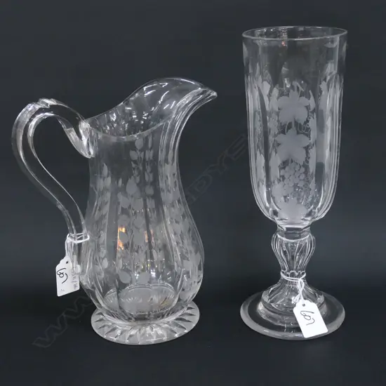 ETCHED CELERY VASE & JUG BOTH WITH 1 SMALL RIM CHIP H. 270MM