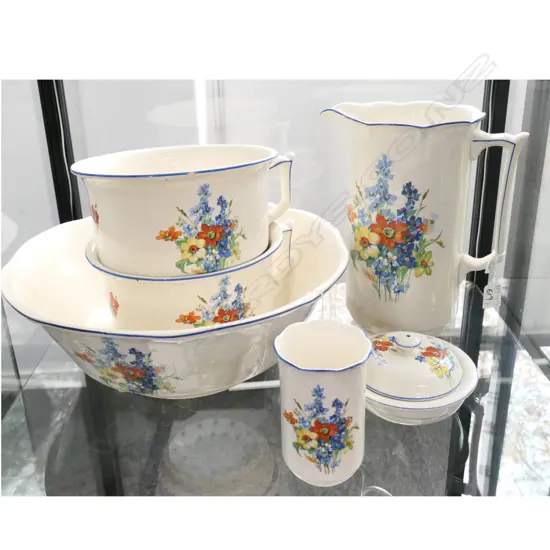 WASHBOWL, 2 POTTIES, JUG, SOAP DISH, VASE