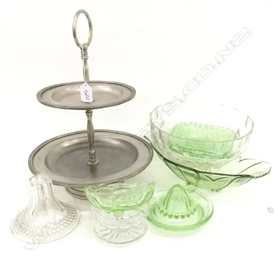 ASSORTED GLASS AND METAL CAKE STAND