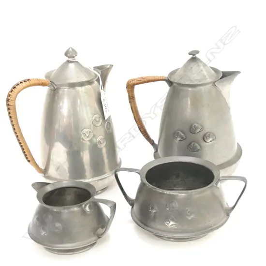 TUDRIC 4 PCE PEWTER TEA SET #0303 CANE HANDLES