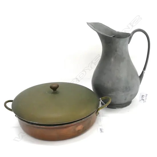 PEWTER WATER JUG & COPPER LIDDED SAUTE PAN
