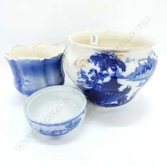 3 B/W VICTORIAN PCES; 2 JARDINIERES & A BOWL FAULTS