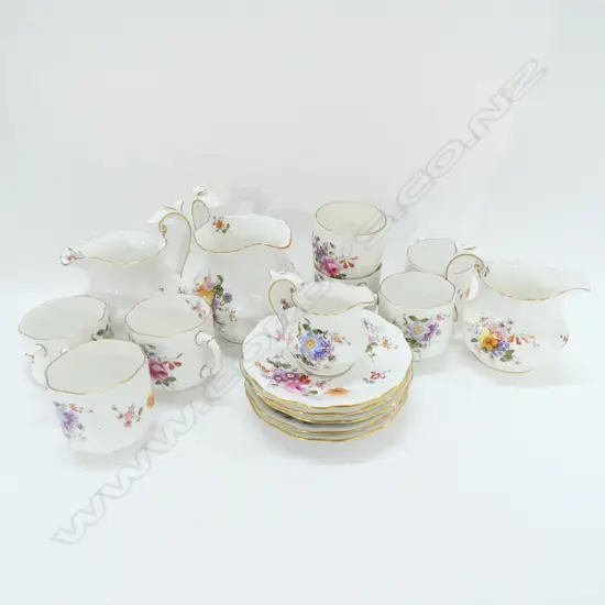 6 ROYAL CROWN DERBY COFFEE CUPS SAUCERS + SUGAR & 4 JUGS HAIRLINE CRACKS TO SOME PCES
