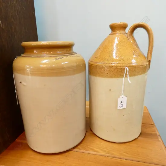 C. 1900 STONE CROCK + FLAGGON BROWN GLAZE TOP
