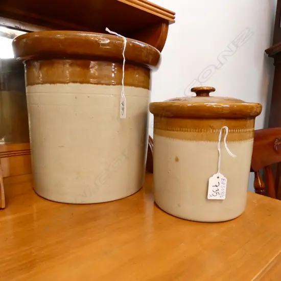 2 C.1900 LIDDED STONEWARE STORAGE JARS H. 270MM CHIPS