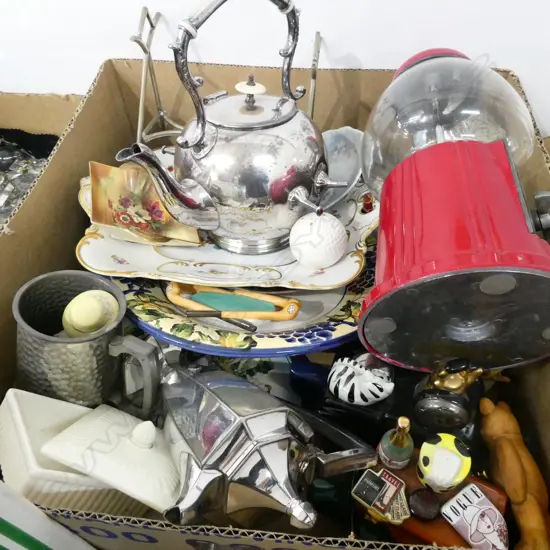 BOX LOT ASST. ITEMS; SPIRIT KETTLE, CERAMICS ETC
