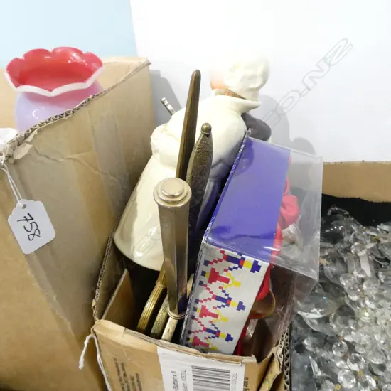 BOX LOT MIRRORS, MONK DECANTERS ETC