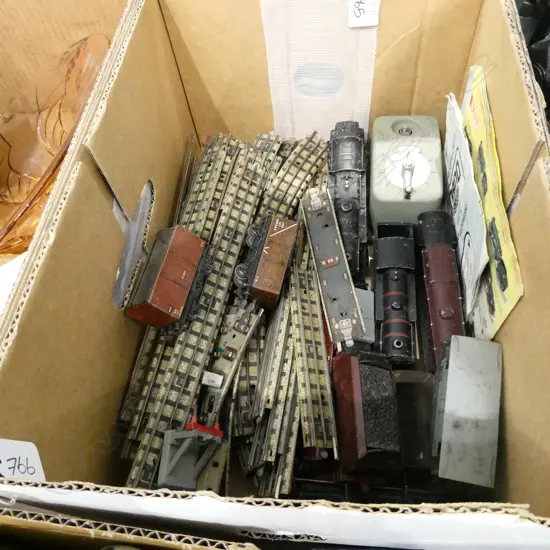 BOX LOT HORNBY; 3 TRAINS, CARRIAGES, TRACK, CONTROLLER ETC