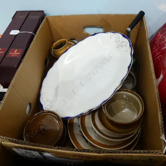 BOX LOT ASST. CERAMICS; LANGLEY, PARSONS ETC + GUITAR CASE