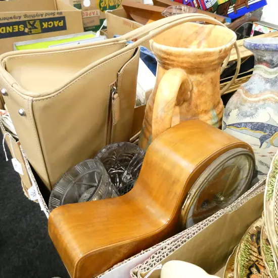 BOX LOT HANDBAG, RETRO MANTLE CLOCK, CRYSTAL ETC