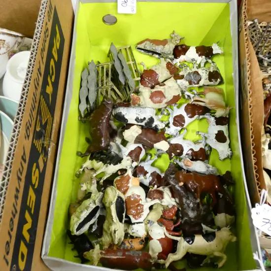 COLLECTION OF LEAD FARM ANIMALS; COWS, BULLS, SHEEP, FENCES ETC; J. HILL & CO, ETC