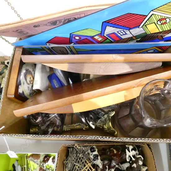 BOX LOT VINTAGE GLASS, ART, SHOE HORNS, HARMONICAS ETC