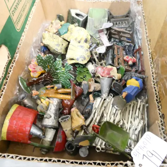 COLLECTION OF SMALL SCALE LEAD FARM EQUIPTMENT & FIGURES ETC; J. HILL & CO, ETC