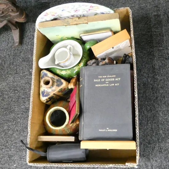 BOX LOT BOOKS, CERAMICS, BINOCULARS, ETC