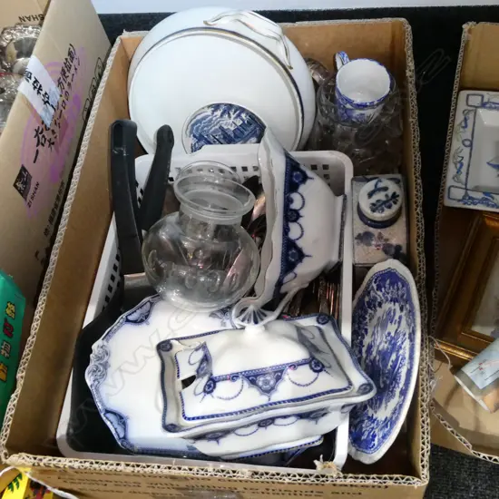 BOX LOT ASST B/W CERAMICS, CUTLERY ETC