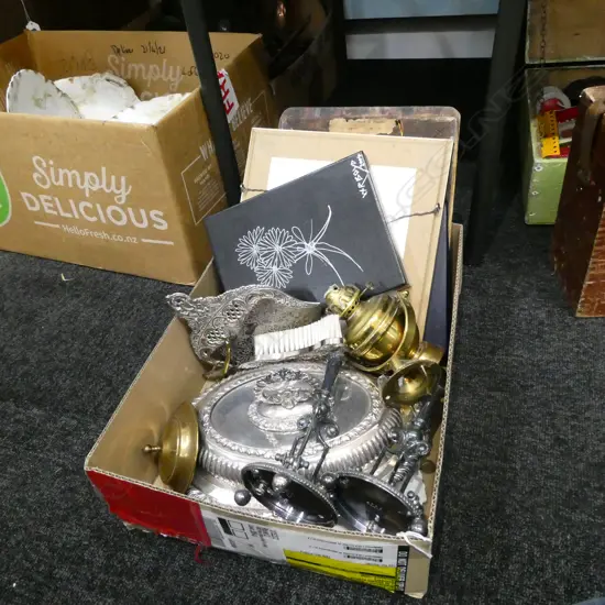 BOX LOT EPNS INCL CHAFING DISH, ART ETC