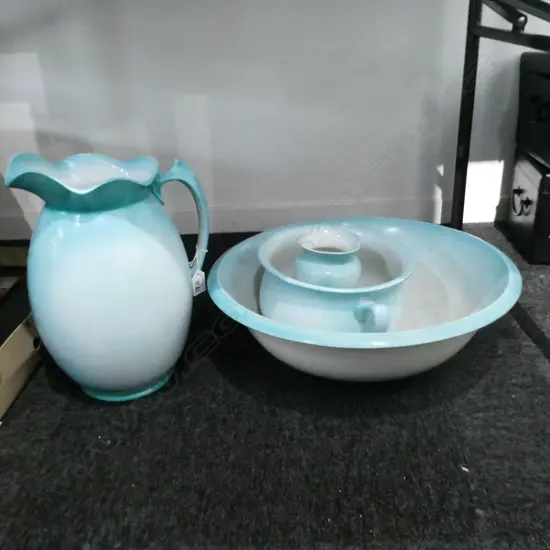 VINTAGE WASH BOWL 435MM DIA, PITCHER (AF OLD REPAIR), COMMODE & VASE SET