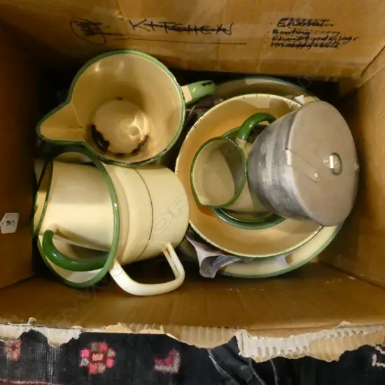 VINTAGE CREAM AND GREEN ENAMELWARE
