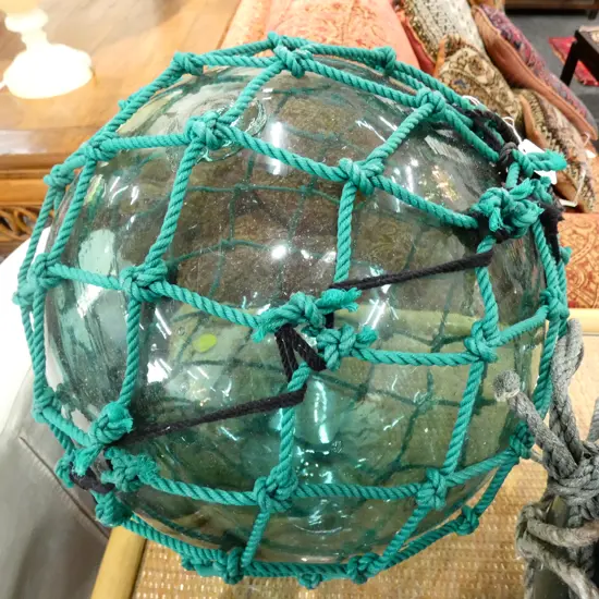 OLD LARGE GLASS FISHING FLOAT WITH NETTING Dia.370mm