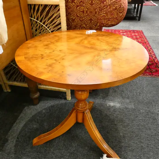 1970's YEW WOOD TOPPED PEDESTAL SIDE TABLE