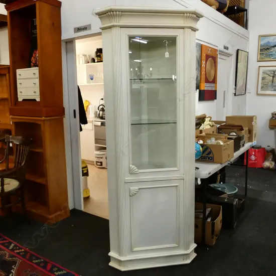 WHITE CORNER DISPLAY CABINET W INTERNAL LIGHT, GLASS SHELVES ABOVE CUPBOARD. H.1950mm