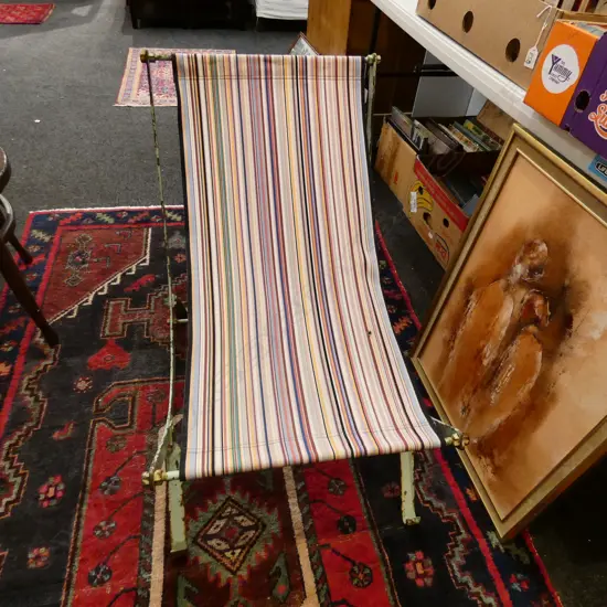 WROUGHT IRON GREEN CANVAS SUN LOUNGER