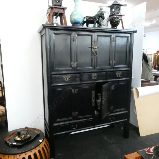 LARGE ANTIQUE BLACK WOODEN CHINESE CABINET, PURCHASED IN SINGAPORE