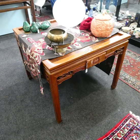 CHINESE CARVED ROSEWOOD GAMES TABLE WITH 4X DRAWS