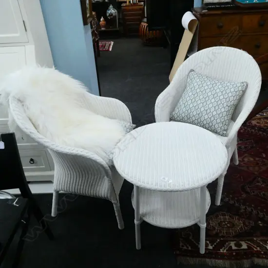 PR WHITE CANE ARMCHAIRS WITH CUSHIONS + MATCHING SIDE TABLE