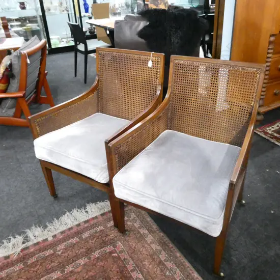 PAIR RESTORED SHERATON REVIVAL CHAIRS - CANE SEATS AND BACK