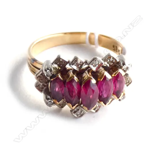 14K Y/GOLD 5 RUBY & DIAMOND RING