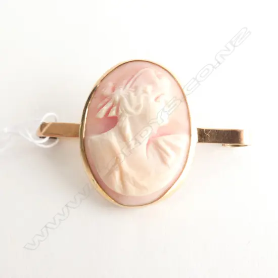 9CT GOLD AND PINK CAMEO BROOCH