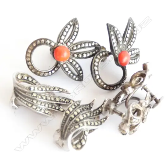 THREE PAIRS MARCASITE EARRINGS - 2 MARKED STERLING