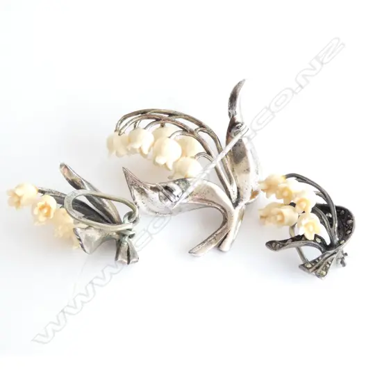 SILVER MARCASITE & BONE BROOCH & EARRINGS