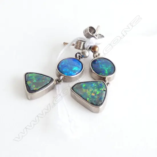 18CT WHITE GOLD AND BLACK OPAL EARRINGS, ONE DETACHED FROM BACK