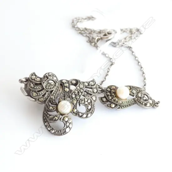 SILVER MARCASITE & PEARL NECKLACE