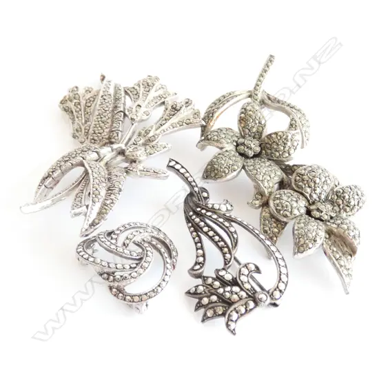 FOUR MARCASITE BROOCHES - 2 MARKED STERLING