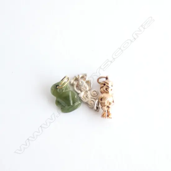 THREE MAORI DESIGN CHARMS - POUNAMU/SILVER/GOLD