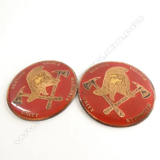 2 VINTAGE FIREMEN'S COPPER & ENAMEL SERVICE VALOUR PLAQUES