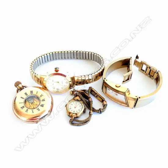 4 VINTAGE GOLD PLATED WATCHES  AS IS