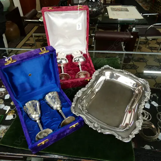 SILVER PLATE DISH AND TWO PAIRS OF BOXED SILVER PLATE GOBLETS