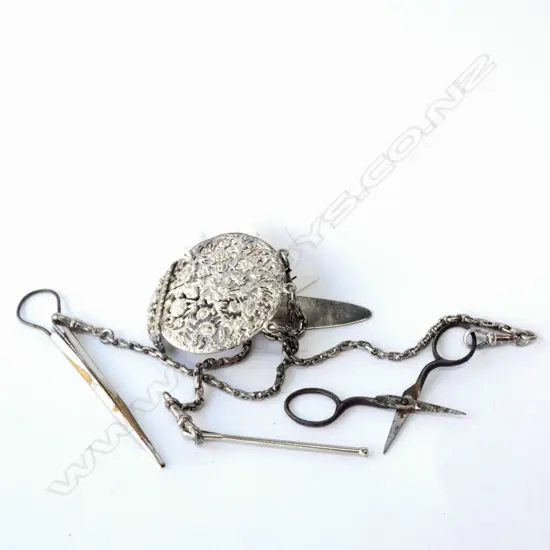 EARLY 20thC S/PLATE CHATELAINE. FANCY CLIP 3 IMPLEMENTS...