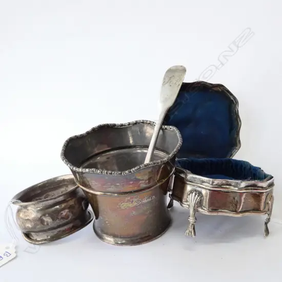 LOT STG SILVER NAPKIN/BOX/SPOON + VASE some faults