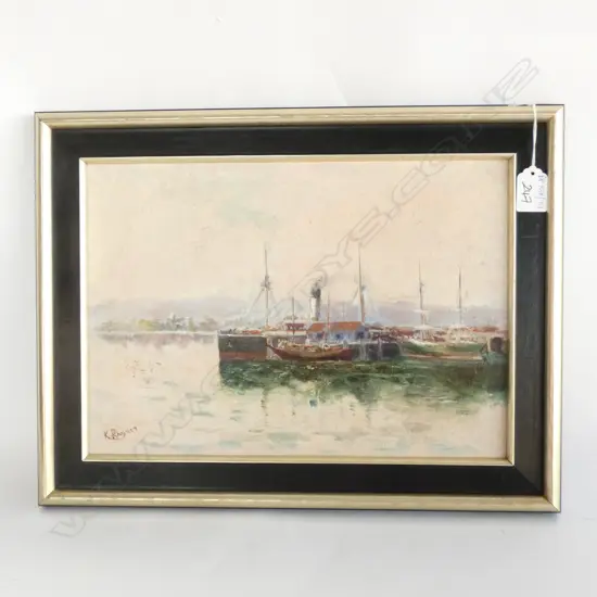 K RAYNER AUCKLAND WHARVES SCENE OIL ON BOARD 345 X 240MM