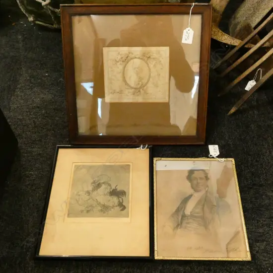 2 PRINTS; WILLIAM GRIFFITH, LADY IN FRAME + CHICKENS ENGRAVING