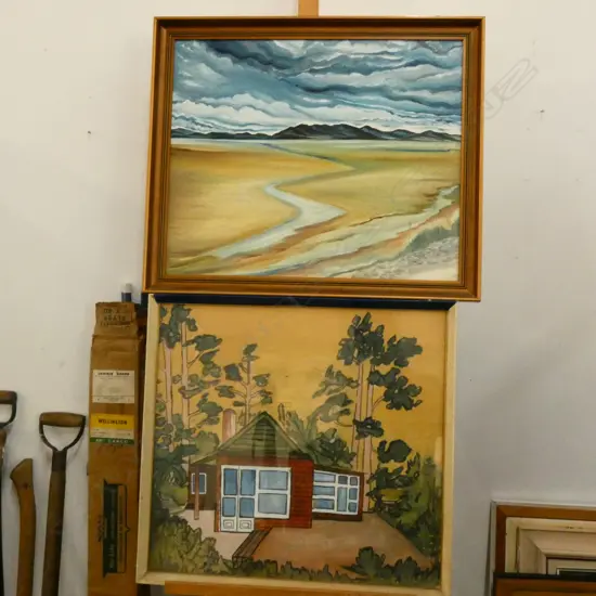 2 PAINTINGS BY ELSPETH HITCHINGS COLIN MCCAHON HOUSE 580 X 535MM IMAGE + MUDFLATS NEAR WHANGAPOA OIL